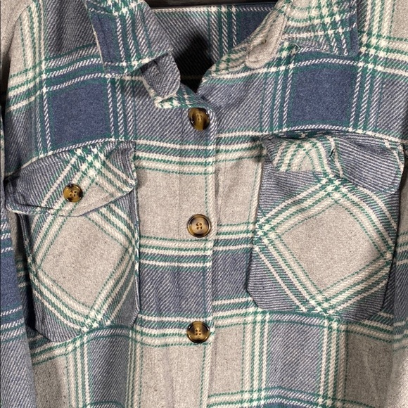 Plaid Shacket XXL Gray Blue Green Flannel Overshirt Button Up Women’s Cozy Fall - Picture 5 of 9